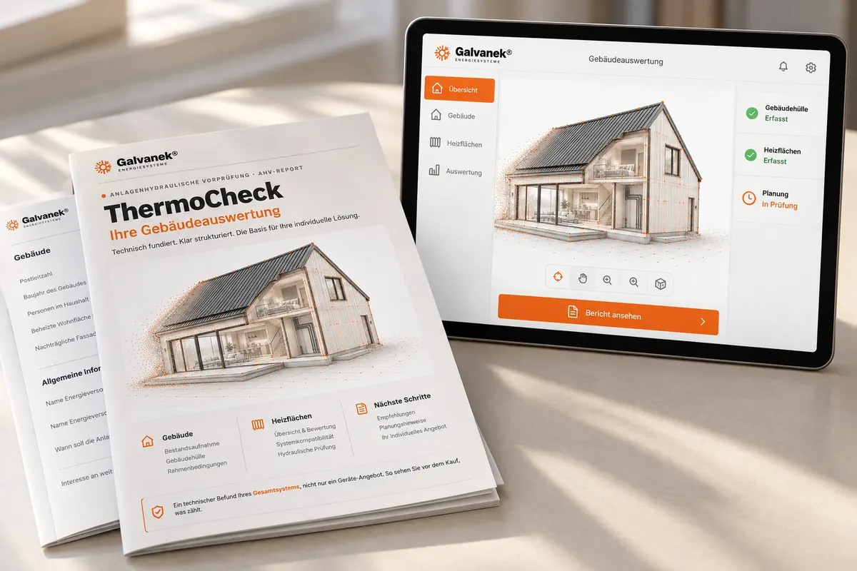 Beispieldarstellung: ThermoCheck-Gebäudeauswertung in einer App und als gedruckter Bericht mit dem digitalen Modell des Galvanek-Bestandshauses